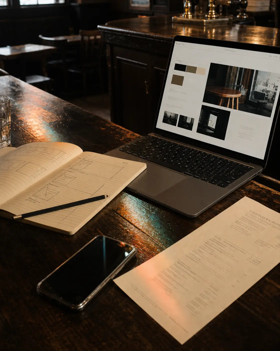 Illustrative website and menu work in progress inside an independent pub