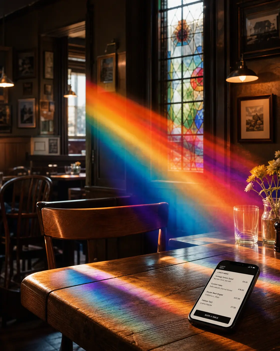 Illustrative gastropub interior with prismatic light and a mobile menu shown on a phone