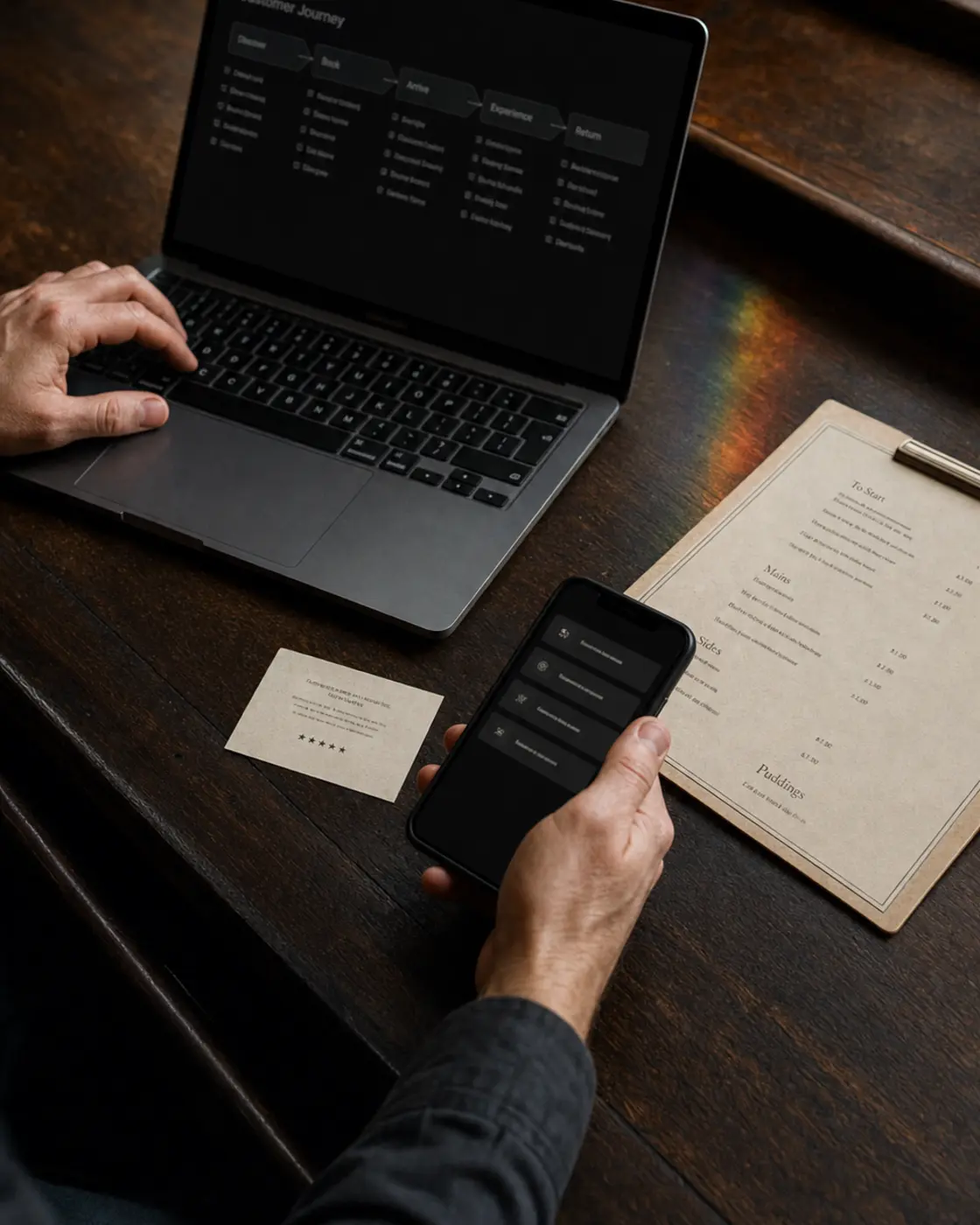 Illustrative venue website, web menu and review route being checked together