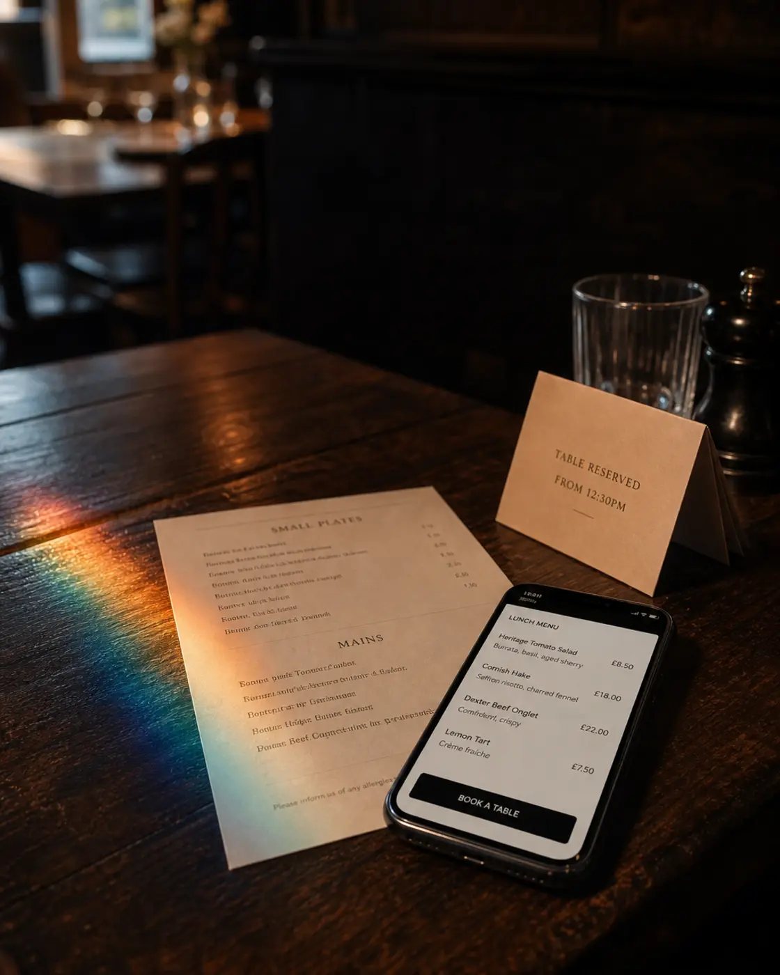 Illustrative web menu and table booking details in an independent gastropub