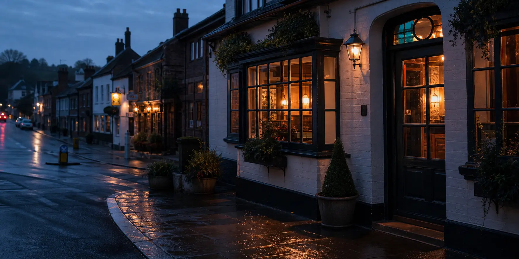 Illustrative independent British pub entrance at dusk